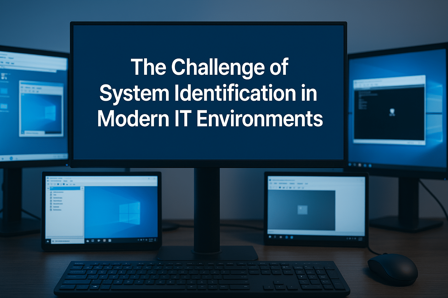 A modern IT workspace featuring multiple monitors displaying virtual machines and system dashboards, illustrating the complexity of identifying systems in contemporary IT environments.