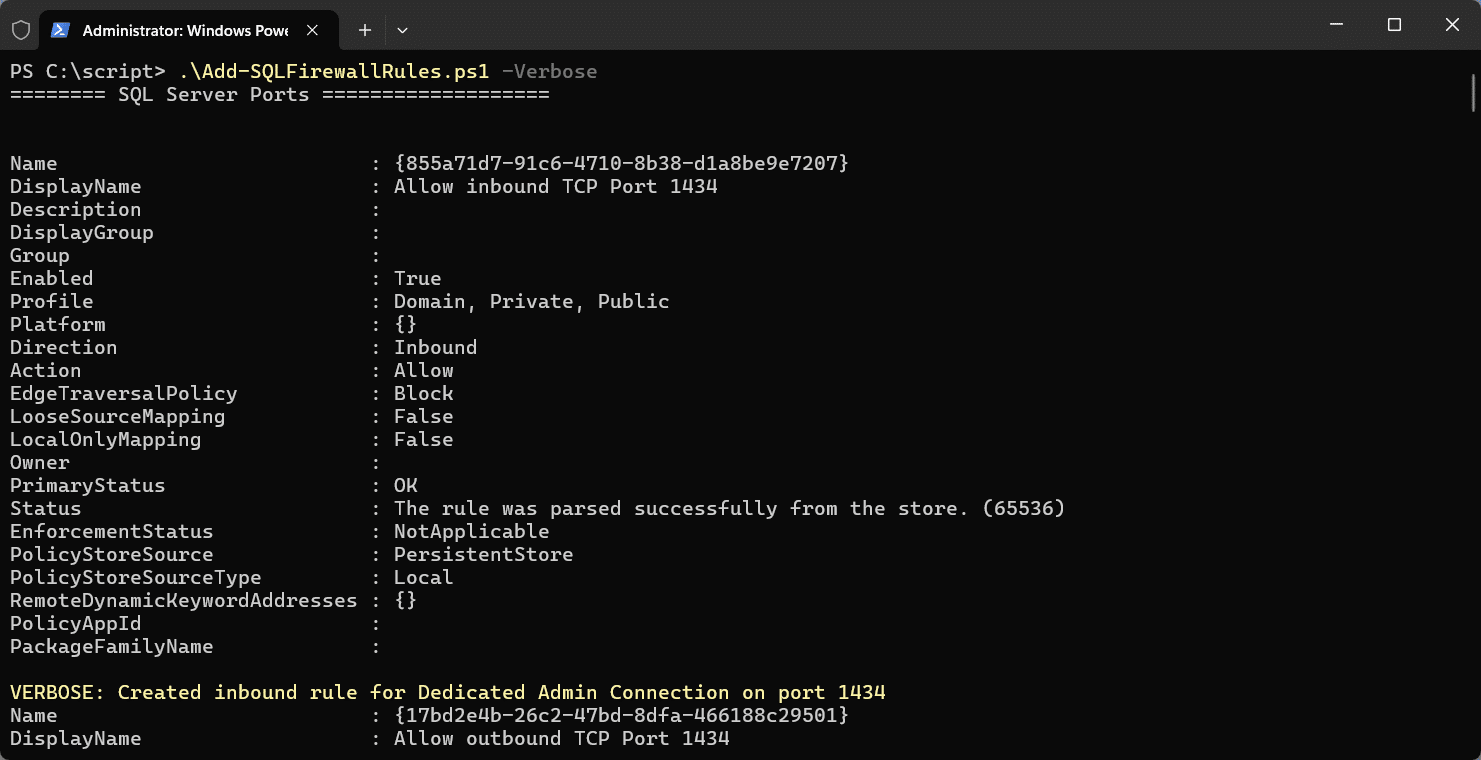 Example of running Add-SQLFirewallRules.ps1 in Powershell on Windows.