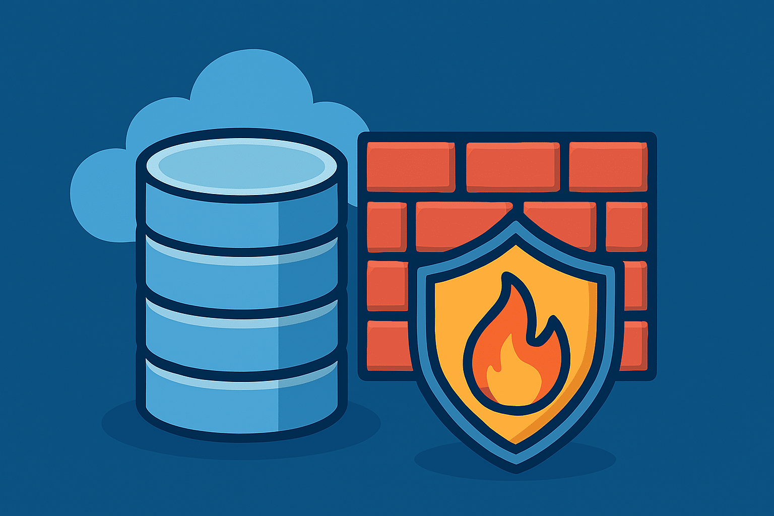 Illustration of a database protected by a firewall with a security shield and flame symbol.