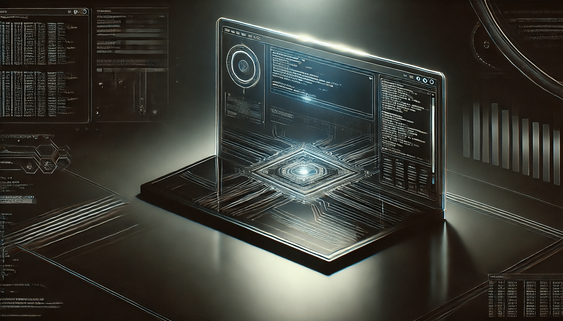 A futuristic, dark terminal window with a minimalist cyber-tech design, without any visible text. The interface resembles a high-tech PowerShell or command-line environment.