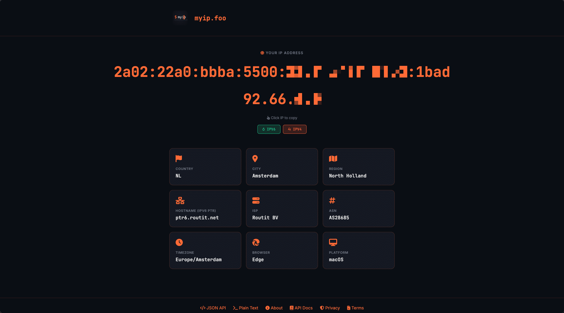 MyIP.foo web interface showing response with IP address, location data, network information, and browser details