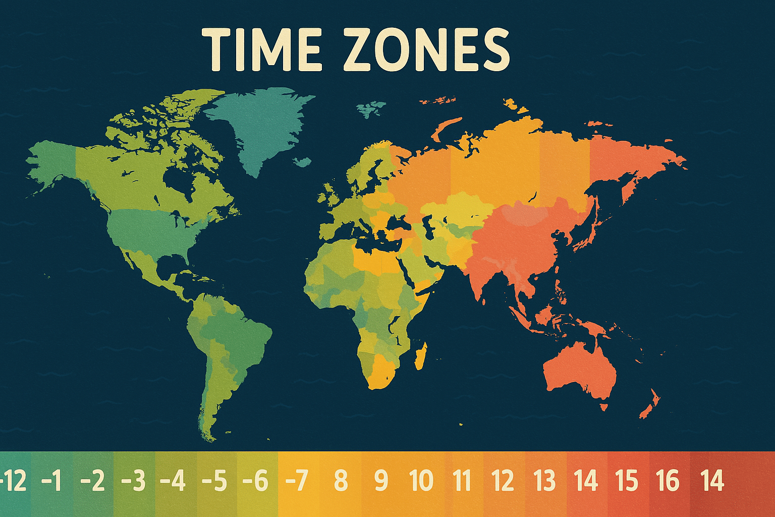 World map showing global time zones with color-coded regions and UTC offset labels, designed for clarity and easy reference.
